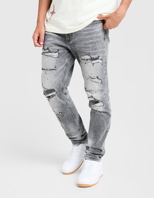 Supply & Demand Rhinestone Slim Ripped Jeans - Blauw- Heren, Blauw