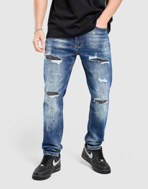 Supply & Demand Rhinestone Slim Ripped Jeans - Blauw- Heren, Blauw