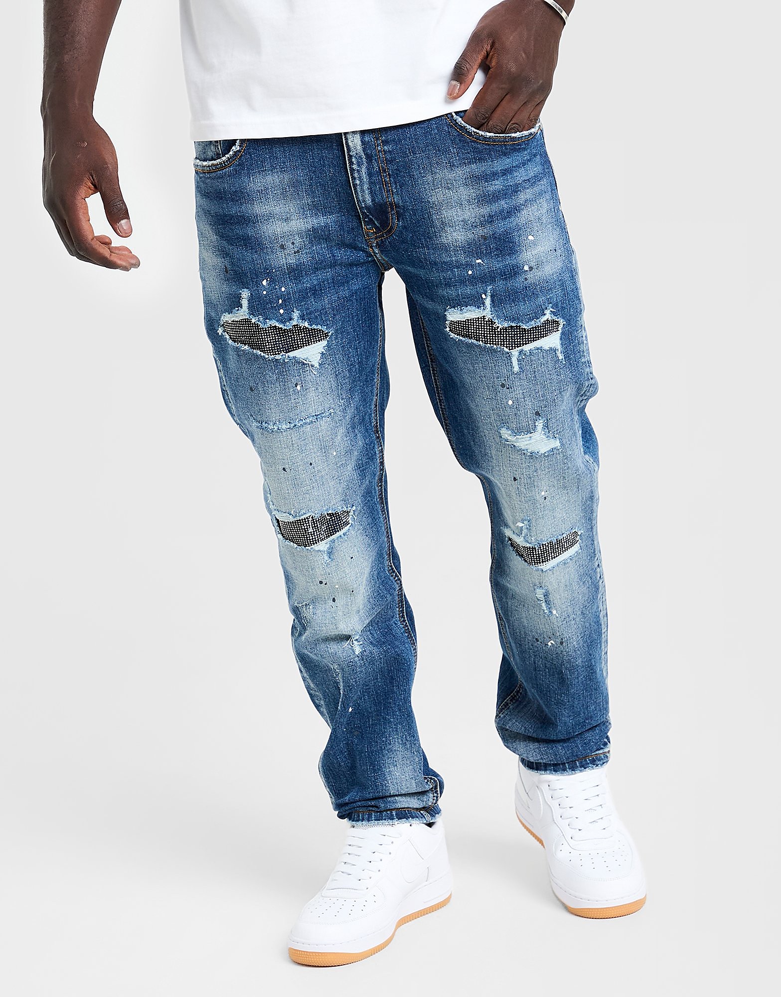 Supply & Demand Rhinestone Slim Ripped Jeans - Blauw- Heren, Blauw Supply & Demand Rhinestone Slim Ripped Jeans - Blauw- Heren, Blauw