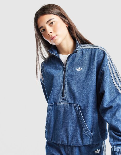adidas Originals Girls' Denim 1/4 Zip Track Top Junior - Blauw - Kind, Blauw